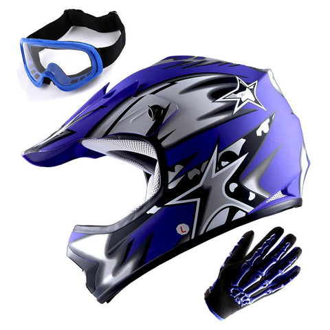 WOW Youth Motocross Helmet BMX MX ATV Dirt Bike Helmet Matt Star + Goggles + Skeleton Glove Bundle: HBOY-K_Star