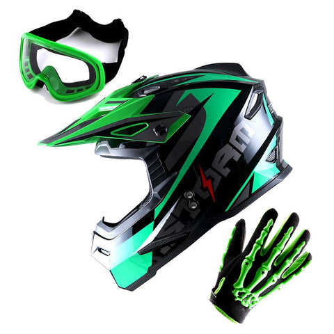 1Storm Youth Motocross Helmet BMX MX Bike Helmet Teenager Racing Style + MX Goggles + MX Skeleton Gloves Bundle: HF801Youth