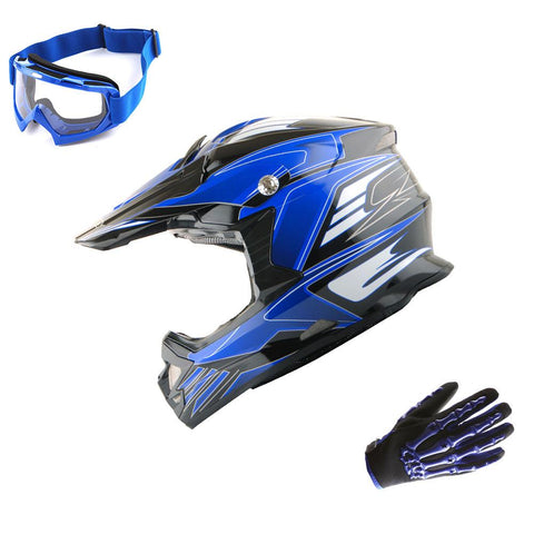 1Storm Adult Motocross Helmet BMX MX ATV Dirt Bike Downhill Mountain Bike Helmet Flying Style H819-5 + Goggles + Skeleton Glove Bundle