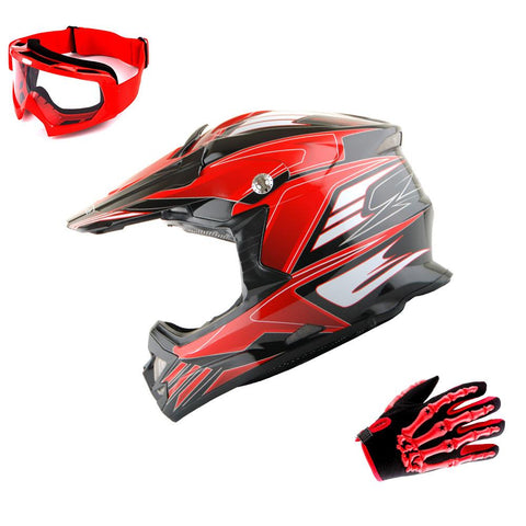 1Storm Adult Motocross Helmet BMX MX ATV Dirt Bike Downhill Mountain Bike Helmet Flying Style H819-5 + Goggles + Skeleton Glove Bundle