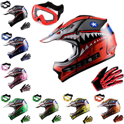 WOW Youth Kids Motocross BMX MX ATV Dirt Bike Helmet Shark + Goggles + Skeleton Glove Bundle: HBOY-K-Shark_Bundle