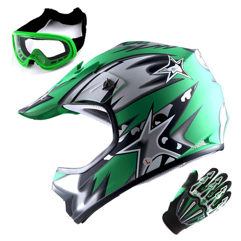 WOW Updated Youth Motocross Helmet Kids Motorcycle Bike Helmet Matt Star + Goggles + Skeleton Glove Bundle: HBOY-K_Star