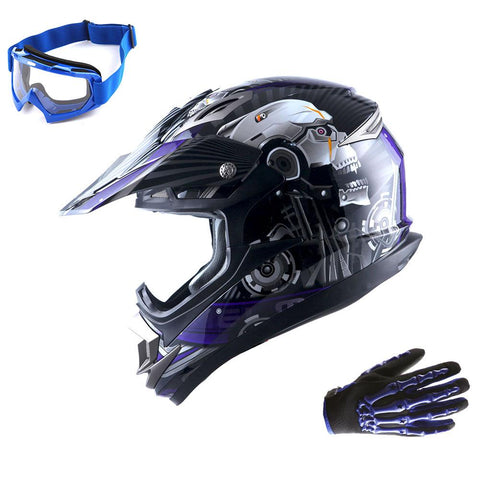 1Storm Adult Motocross Helmet Off Road MX BMX ATV Dirt Bike HGXP14B Mechanic + Goggles + Skeleton Glove Bundle