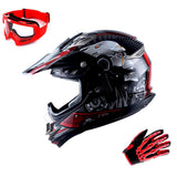 1Storm Adult Motocross Helmet Off Road MX BMX ATV Dirt Bike HGXP14B Mechanic + Goggles + Skeleton Glove Bundle