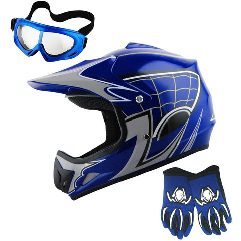 WOW Youth Motocross Helmet HJOY BMX MX ATV Dirt Bike Helmet Spider Web + Goggles + Martian Spider Glove Youth Bundle