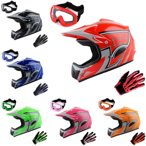 WOW Youth Kids Motocross BMX MX ATV Dirt Bike Helmet HJOY Spider Web + Goggles + Skeleton Glove Bundle