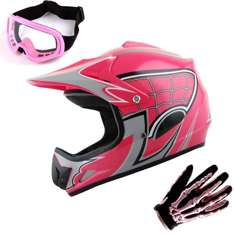 WOW Youth Kids Motocross BMX MX ATV Dirt Bike Helmet HJOY Spider Web + Goggles + Skeleton Glove Bundle