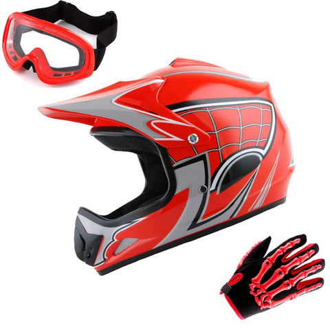 WOW Youth Kids Motocross BMX MX ATV Dirt Bike Helmet HJOY Spider Web + Goggles + Skeleton Glove Bundle